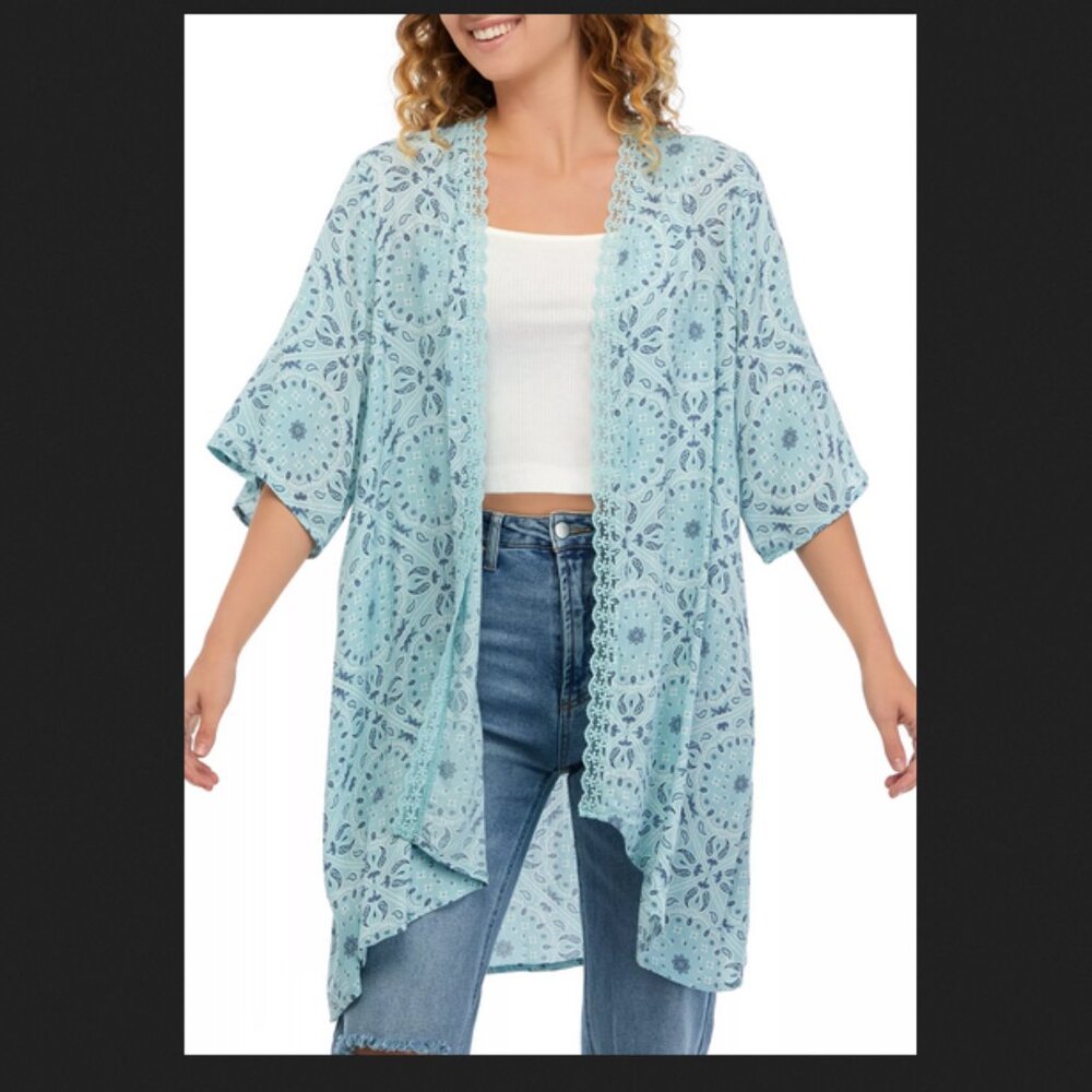 True Craft Dye House Daze Sheer Long Sleeve Open Front Kimono, Blue Haze XL
